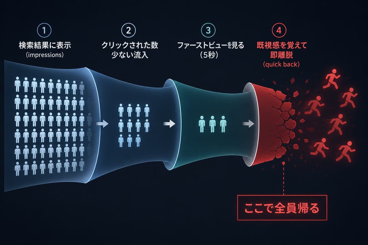 ①検索結果に表示 ②クリックされた数少ない流入 ③ファーストビューを見る(5秒)④既視感を覚えて即離脱(quick back)と人数が減るファネル図。「ここで全員帰る」と示す